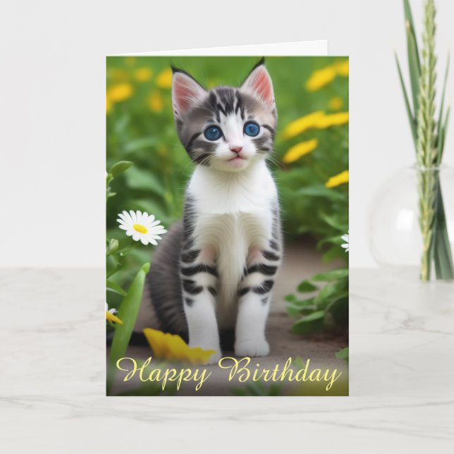 Flowery Yellow Sereine Meadow Kitten Card (Front)