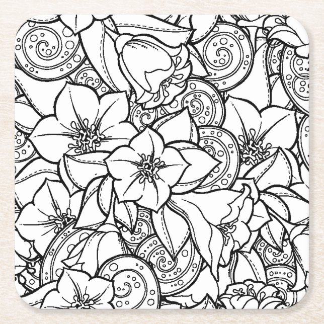 Flowery Zendoodle Square Paper Coaster (Front)