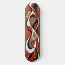Flowing abstract black, red, white on walnut