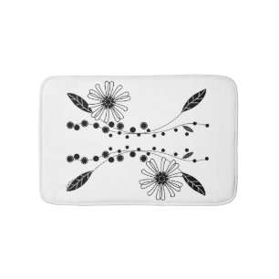 Flowing Black and White Floral Design Bath Mat