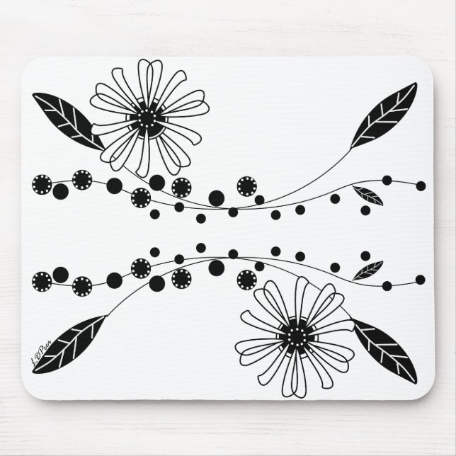 Flowing Black and White Floral Design Mouse Pad (Front)