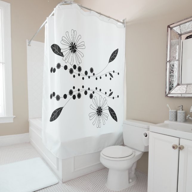 Flowing Black and White Floral Design Shower Curtain (In Situ)