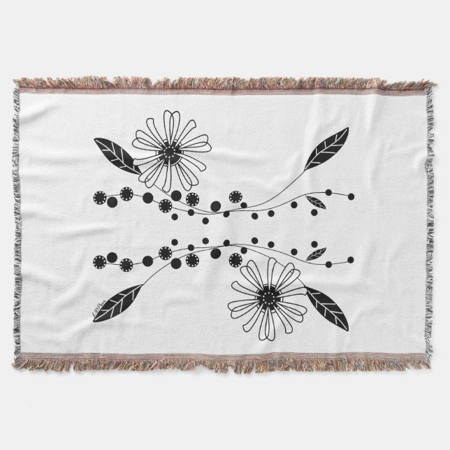 Flowing Black and White Floral Design Throw Blanket (Front)
