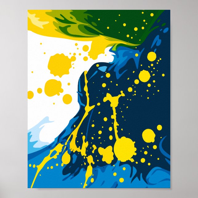 Flowing Blue Waves with Yellow Paint Splashes Poster (Front)