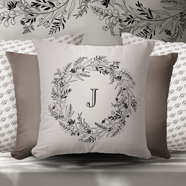 Flowing botanical wreath around letter J Cushion (Creator Uploaded)