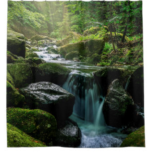 Flowing Creek, Green Mossy Rocks, Forest Nature Shower Curtain