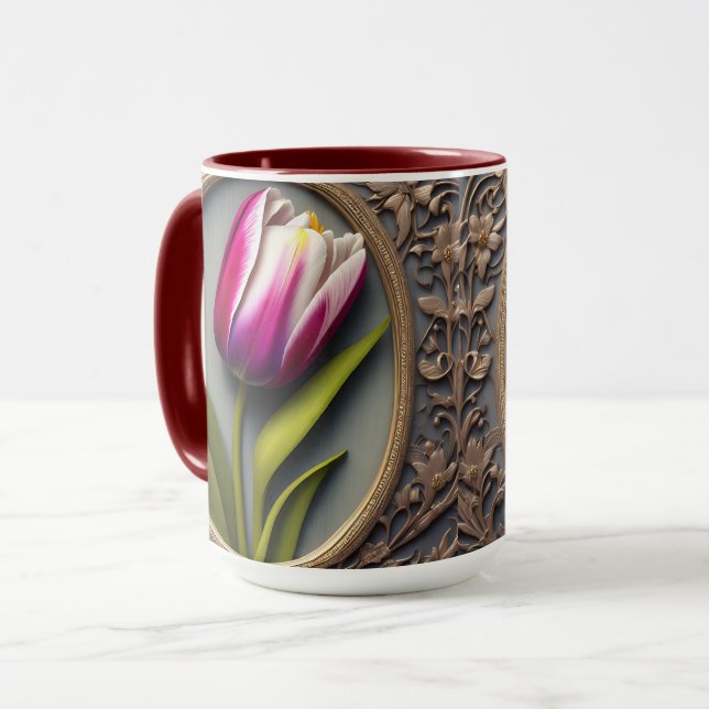 Flowing Elegance: Pink Tulip in Art Nouveau Design Mug (Front Left)