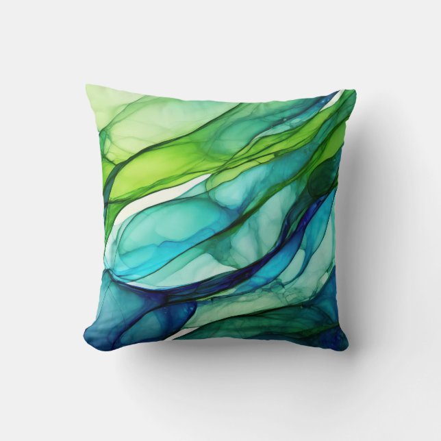 Flowing forms in green and blues cushion (Front)