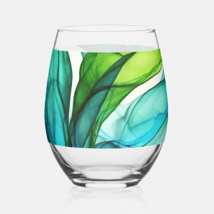 Flowing forms in green and blues stemless wine glass