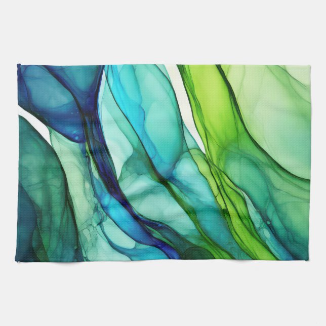 Flowing forms in green and blues tea towel (Horizontal)