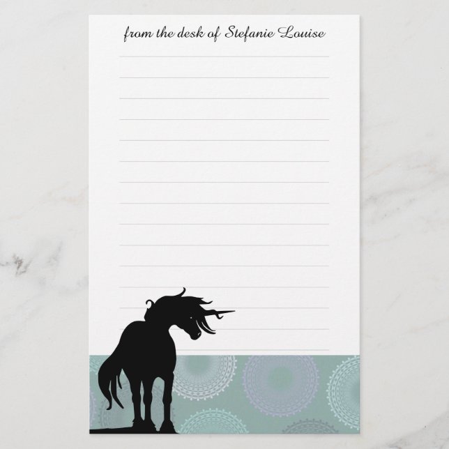 Flowing Mane Unicorn (green circle) Stationery (Front)