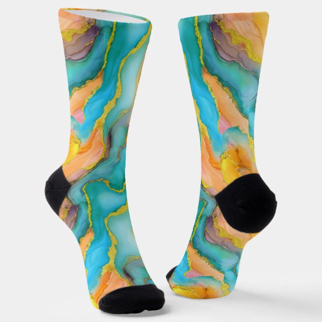 Flowing  Marble Effect  in Teal, Orange and Gold Socks (Angled)