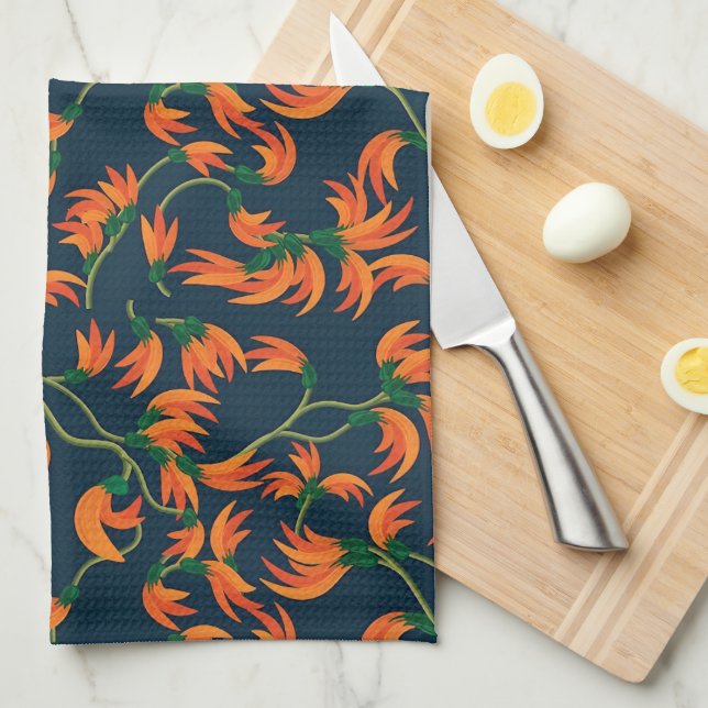  Flowing Orange Floral Pattern Tea Towel (Quarter Fold)