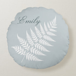 Flowing Script Name Icy Blue White Fern Round Cushion