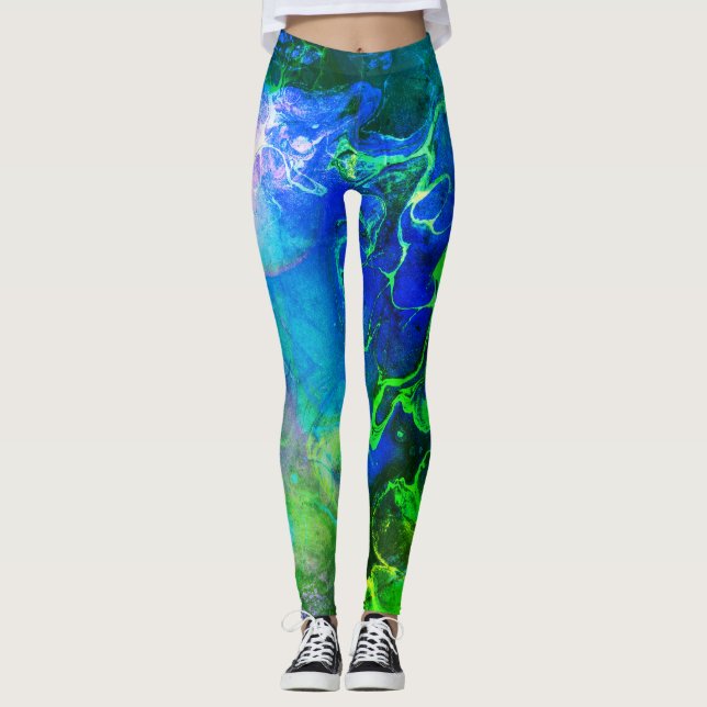 Flowing Textured Ink Abstract Chaos Green & Blue Leggings (Front)