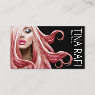 Flowing Tresses Hair Stylist pink hair black Business Card
