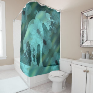 Flowing Unicorn Silhouette D (teal w/teal bubbles) Shower Curtain