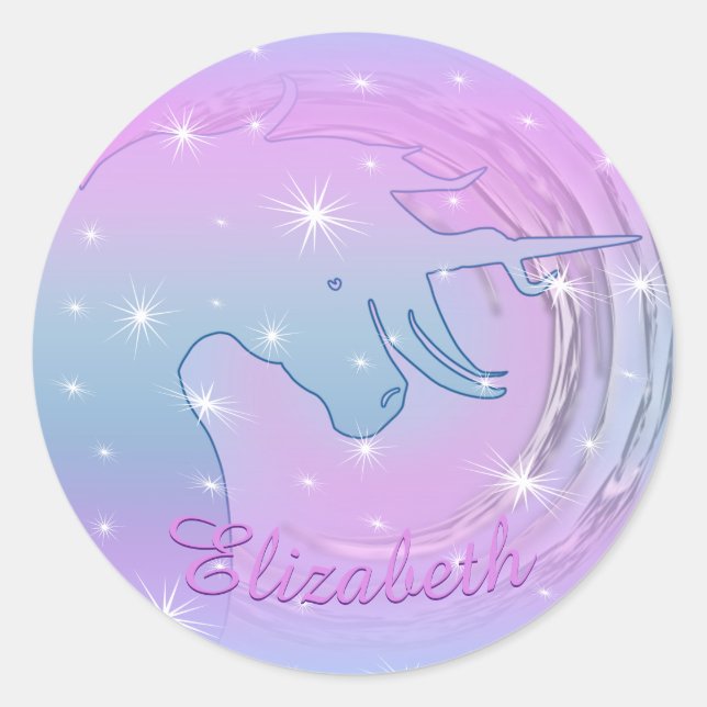 Flowing Unicorn Silhouette (pink swirly moon) Classic Round Sticker (Front)