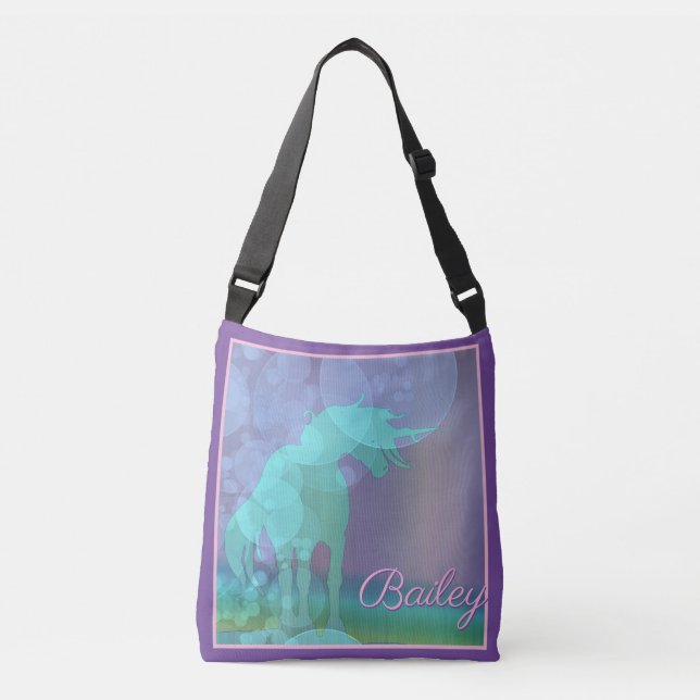 Flowing Unicorn Silhouette (rainbow bubbles) Crossbody Bag (Front)