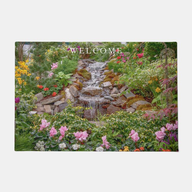 Flowing Waterfall with spring flowers Doormat (Front)