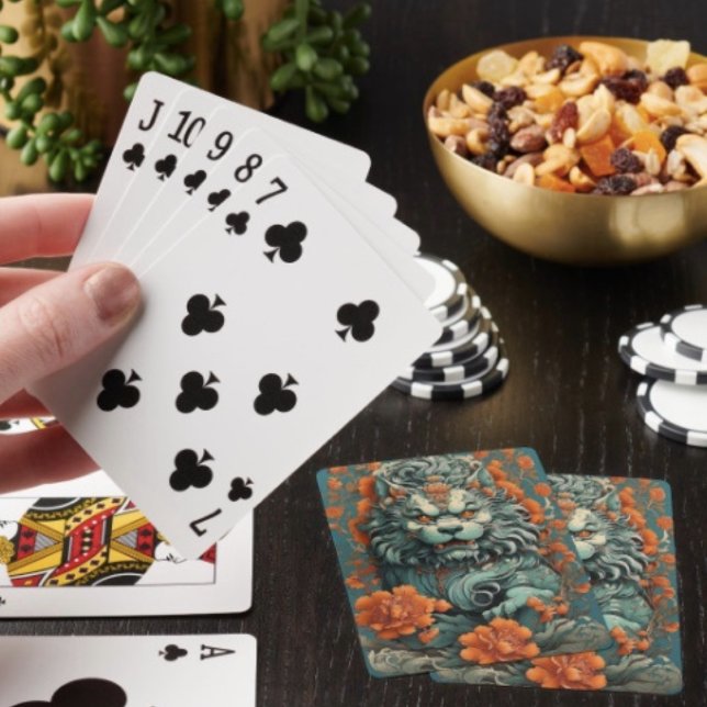 Flu Lion of Wisdom Playing Cards  (Asian Lion Head poker type playing cards . Easy to shuffle smooth card stock. 2.5" x 3.5" poker size)