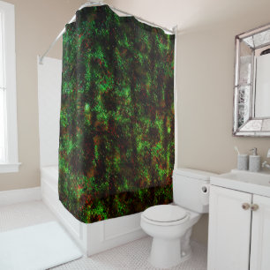 Fluctuation of dark spots on showy green and red shower curtain