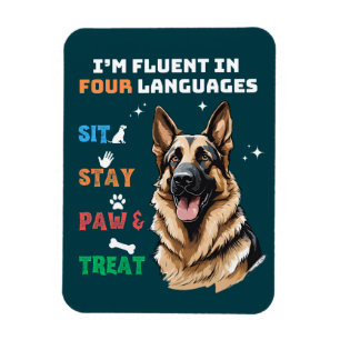 Fluent In Four Languages: Sit, Stay, Paw & Treat Magnet