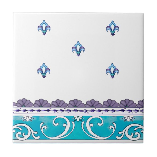 Fluer De Lis Blue Swirl Design Tile (Front)