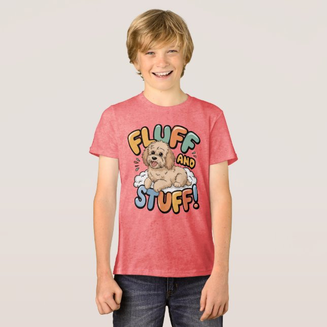 Fluff and Stuff Cute Goldendoodle Cartoon Tri-Blend Shirt (Front Full)