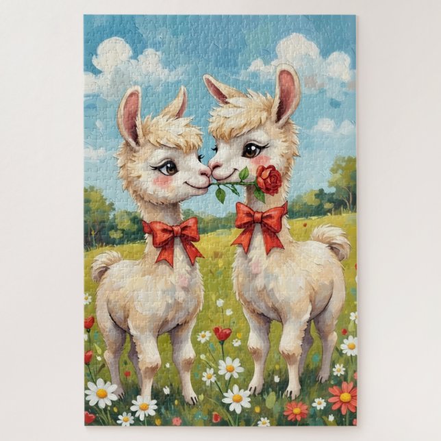 Fluffy Alpaca Couple With Red Bows Art Jigsaw Puzzle (Vertical)
