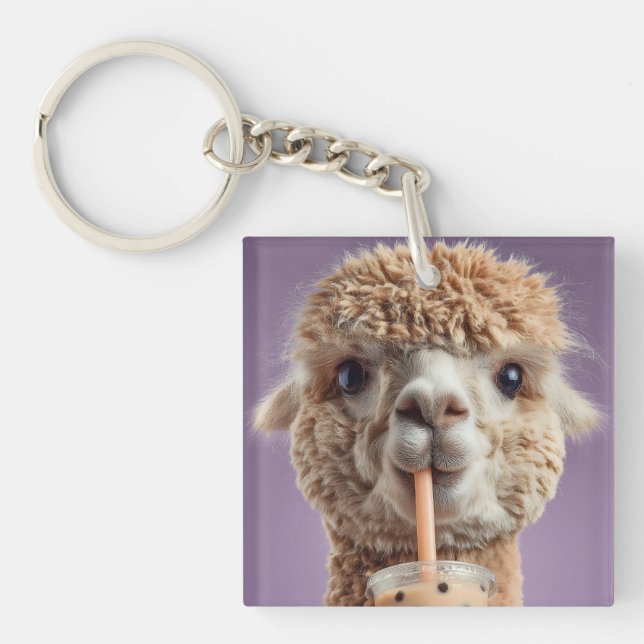 Fluffy Alpaca Portrait Drinking Boba Bubble Tea Key Ring (Front)