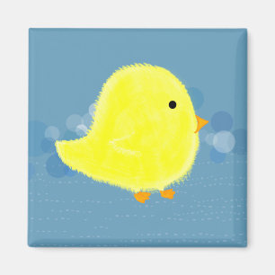 Fluffy Baby Chick With Blue Square Magnet