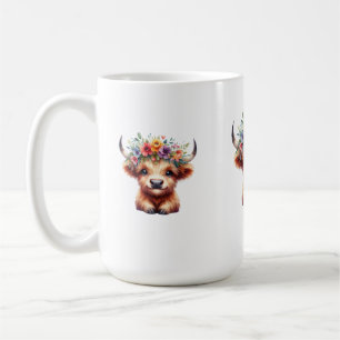 Fluffy Baby Highland Cow with Floral Crown – Cute Coffee Mug