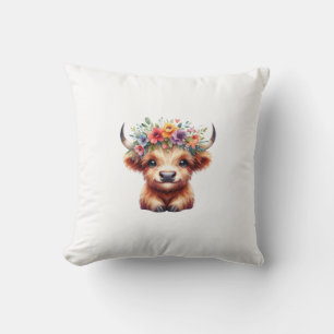 Fluffy Baby Highland Cow with Floral Crown – Cute Cushion