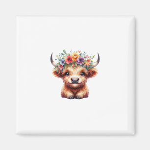 Fluffy Baby Highland Cow with Floral Crown – Cute Magnet