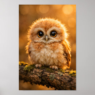 Fluffy Baby Owl on Branch Forest Wildlife Nursery Poster