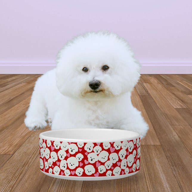 Fluffy Bichon Faces and Hearts Pet Bowl (Creator Uploaded)