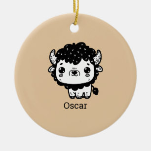 Fluffy Bison Baby - Kawaii Farm Animal Art Ceramic Tree Decoration