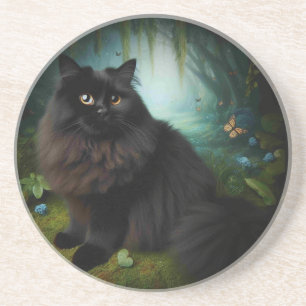 Fluffy Black Cat in Misty Woods Coaster