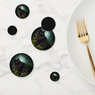 Fluffy Black Cat in Misty Woods Confetti