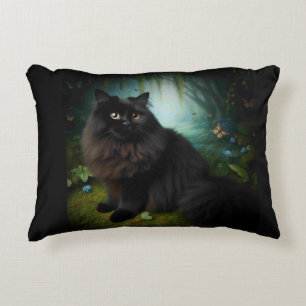 Fluffy Black Cat in Misty Woods Decorative Cushion