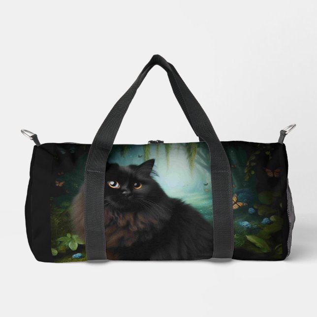 Fluffy Black Cat in Misty Woods Duffle Bag (Front)