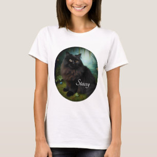 Fluffy Black Cat in Misty Woods Name Front T-Shirt