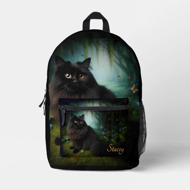 Fluffy Black Cat in Misty Woods Name Printed Backpack (Front)