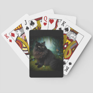 Fluffy Black Cat in Misty Woods Playing Cards