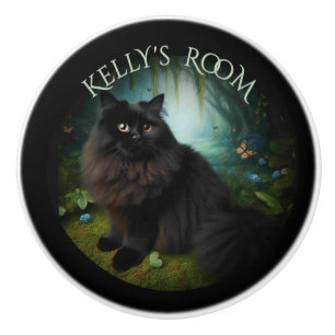 Fluffy Black Cat in Misty Woods Text Ceramic Knob