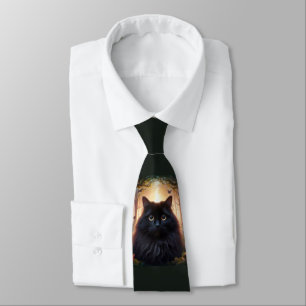 Fluffy Black Cat with Gold Eyes Dark Green Tie