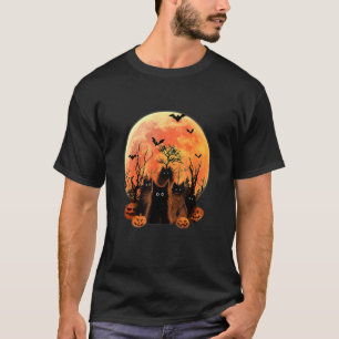 Fluffy Black Cats Moon Pumpkin Bats Halloween T-Shirt