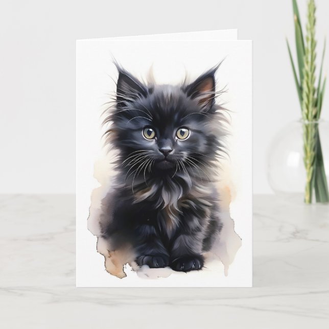 Fluffy Black Long-Haired Cat Watercolor Blank  Card (Front)