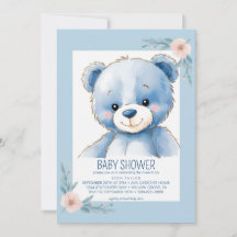 Fluffy blue bear baby shower invitations
